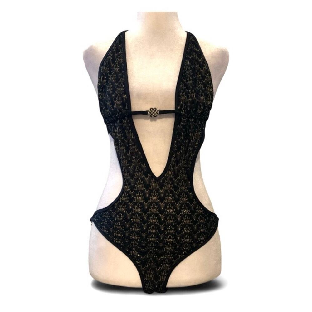 Victoria’s Secret Y2K Black Gold Lace Monokini Deep V Hardware Size Medium